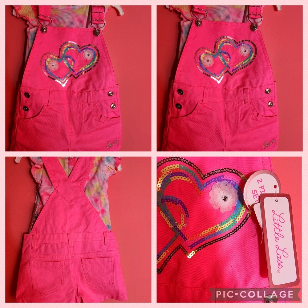 NEON PINK DENIM OVERALLS SET 4T